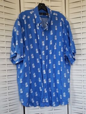 Ralph Lauren 100% Linen Blue Pineapple Print Short-Sleeve Shirt Size 2XB